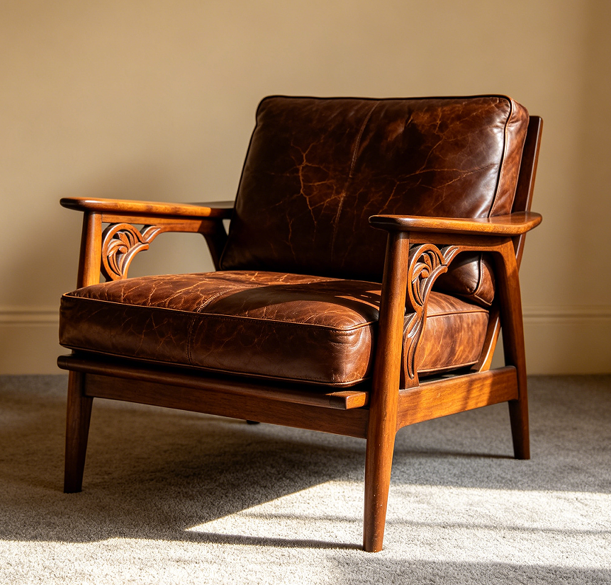 Mid-Century Modern Walnut Frame Leather Sofa